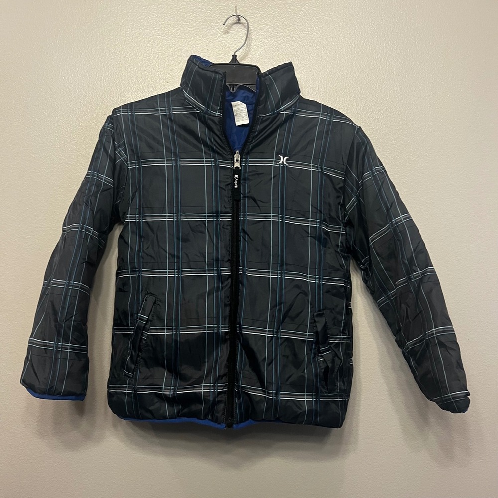 Hurley Kids Reversible Puffer Jacket Black Plaid Blue Quilted Size Medium M